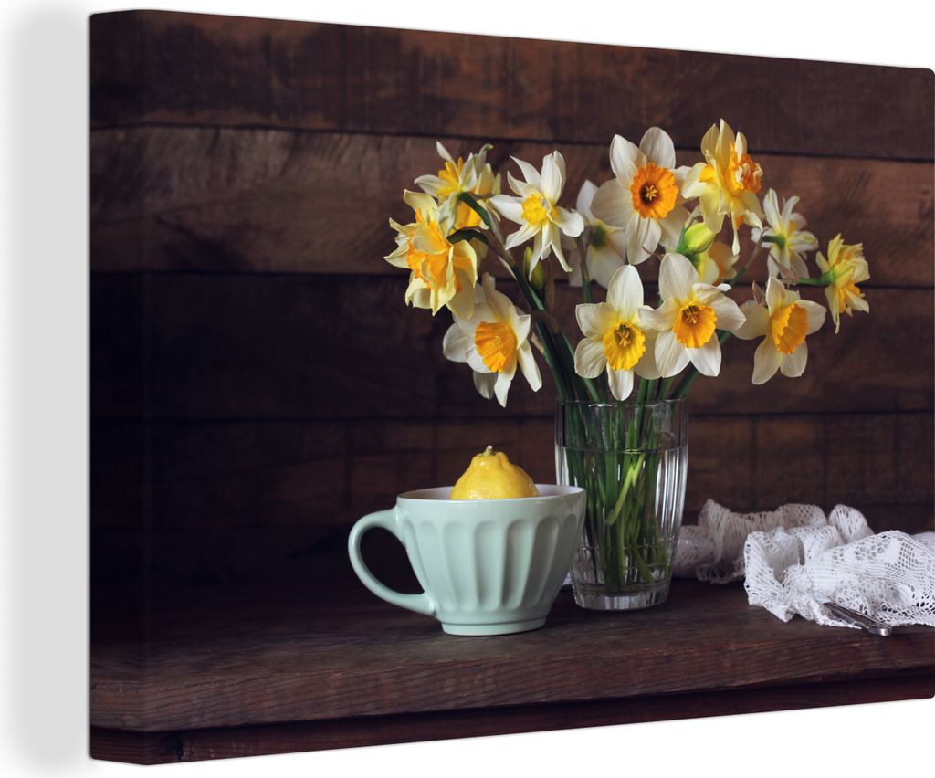 OneMillionCanvasses - Leinwandbilder - 140x90 cm, Narzissen - Teetasse - Stilleben, Wandbilder Kunstdruck Wanddekoration