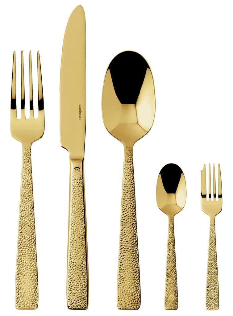 A set of gold-colored cutlery arranged on a white background.