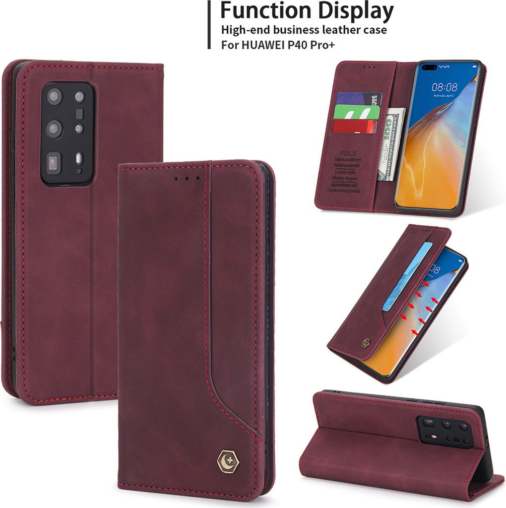 Huawei P40 Pro+ Hülle, LaimTop Retro Kunstledertasche Schutzhülle mit Kartenfach Standfunktion für Huawei P40 Pro Plus Rot