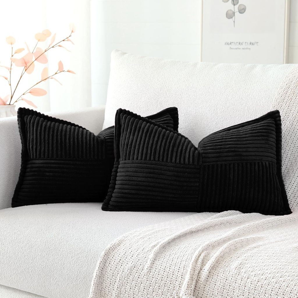 Set mit 2 Kissenbezügen aus Cord, weiche Dekokissen mit eingefassten Kanten, für Wohn- und Schlafzimmer, schwarz, 40 x 60 cm