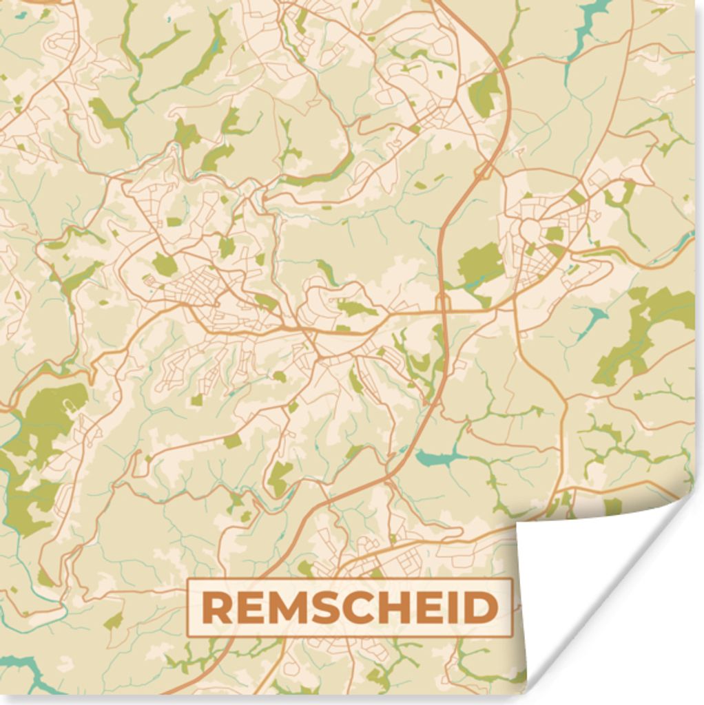 MuchoWow Poster Remscheid - Karte - Stadtplan - Vintage 50x50 cm - Wohnzimmerdekoration