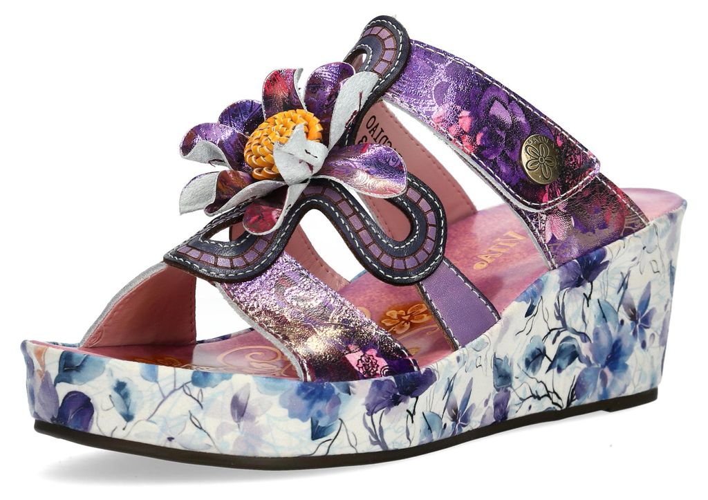 Laura Vita Damen Pantolette Plateau und Keilabsatz mit Blumenmuster Facdiao 03, Größe:39 EU, Farbe:Violett