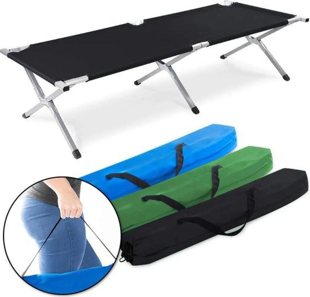 Lit de camping aluminium noir : fini le mal de dos et l'humidité au sol