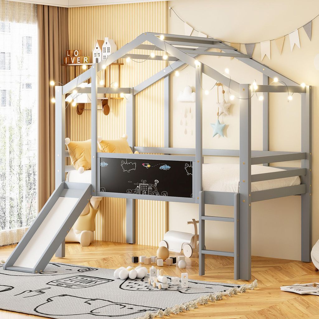 STILVORA Kindebett 90x200 cm Dachboden-Design mit Sicherheitsleiter Einzelbett mit Sicherheitsrutsche Bettgestell mit Graffiti-Tafel Ohne Matratze ...