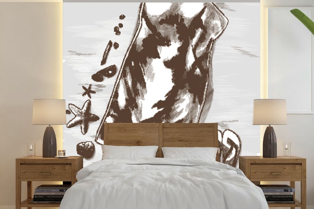 MuchoWow Fototapete für Wohnzimmer oder Schlafzimmer Wandtapete Vinyl Motivtapete Strand - Handtuch - Hausschuhe - 240x240 cm - Schlafzimmer-Tapete