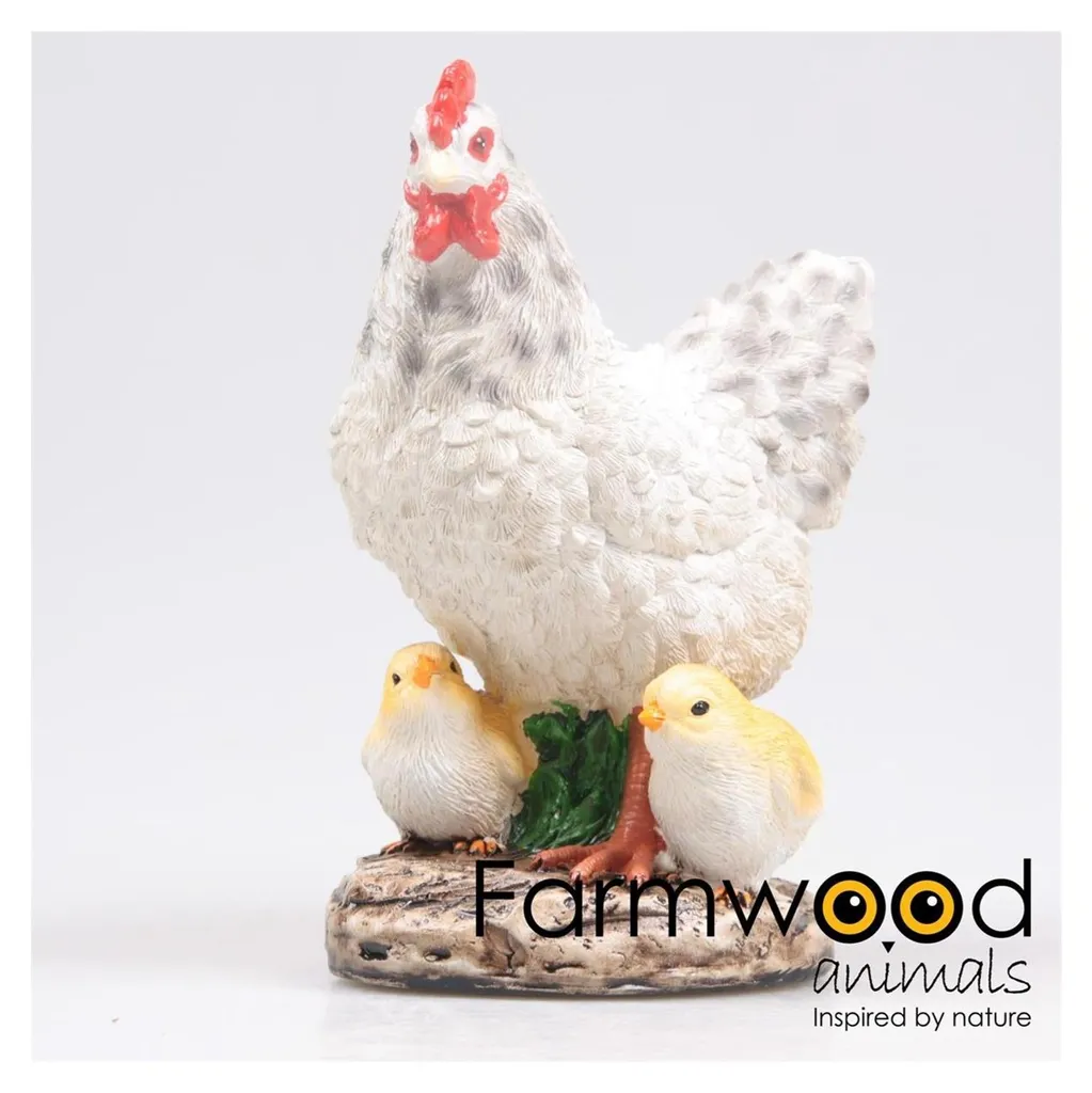 Figurine de Jardin Poule et ses Poussins Farmwood en Résine Blanche