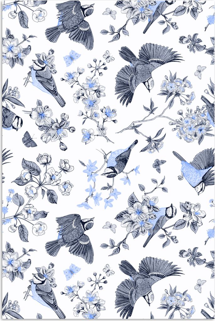 MuchoWow Poster Blumen - Vogel - Blau 60x90 cm - Wanddekoration