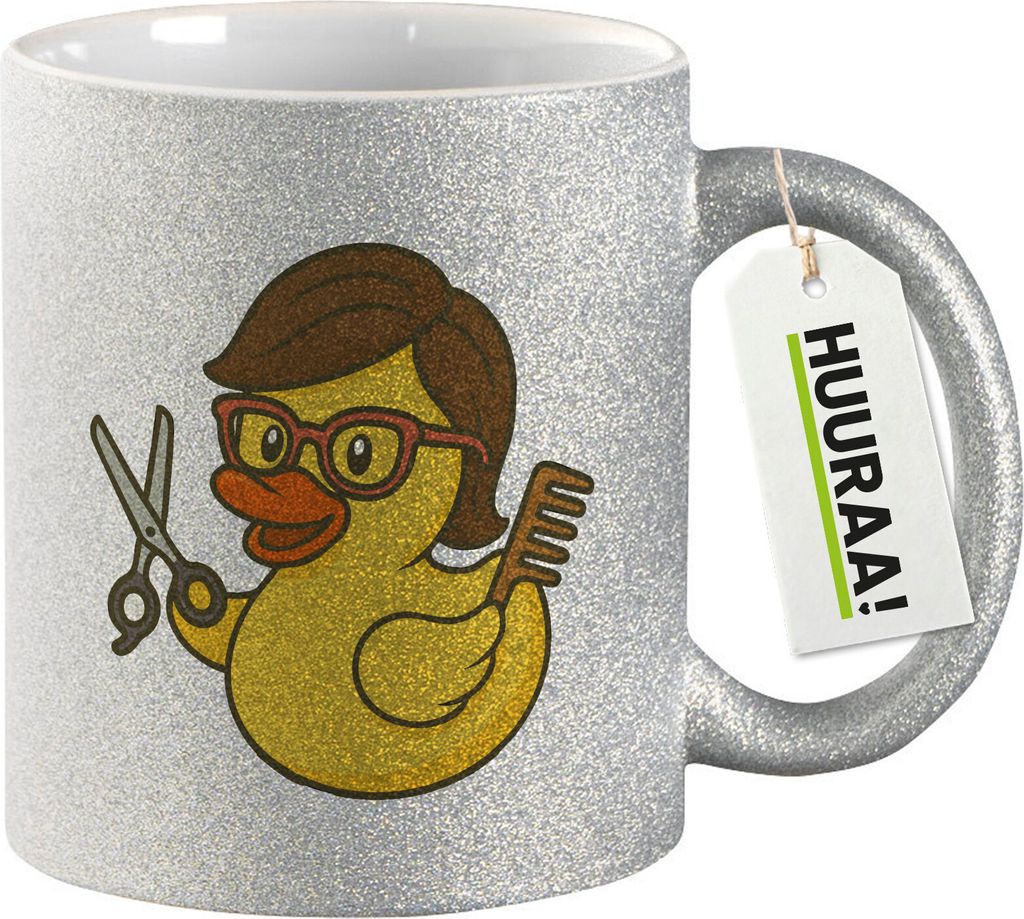 Huuraa Glitzertasse Quietscheente Friseurin Comic Gummiente 330ml Silber Keramik Kaffeebecher Geschenkidee
