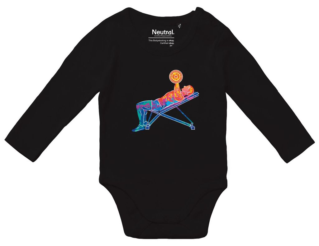 Huuraa Baby Body Fitness Training Bench Press bunte Silhouette 80 Black Baumwolle Fairtrade Langarmbody Geschenkidee