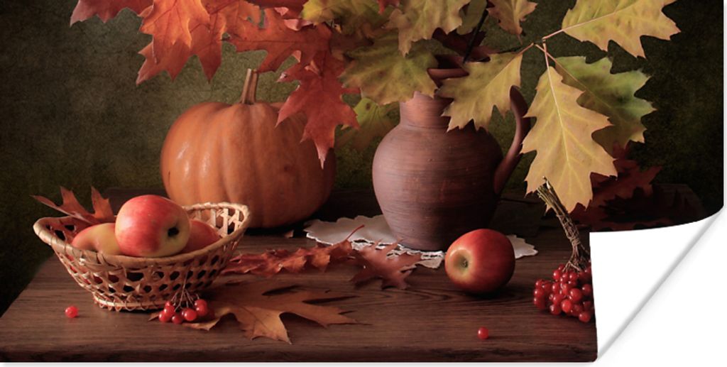 MuchoWow Poster Stilleben - Kürbis - Blätter - Apfel - Kirsche - Herbst 150x75 cm - ohne Rahmen