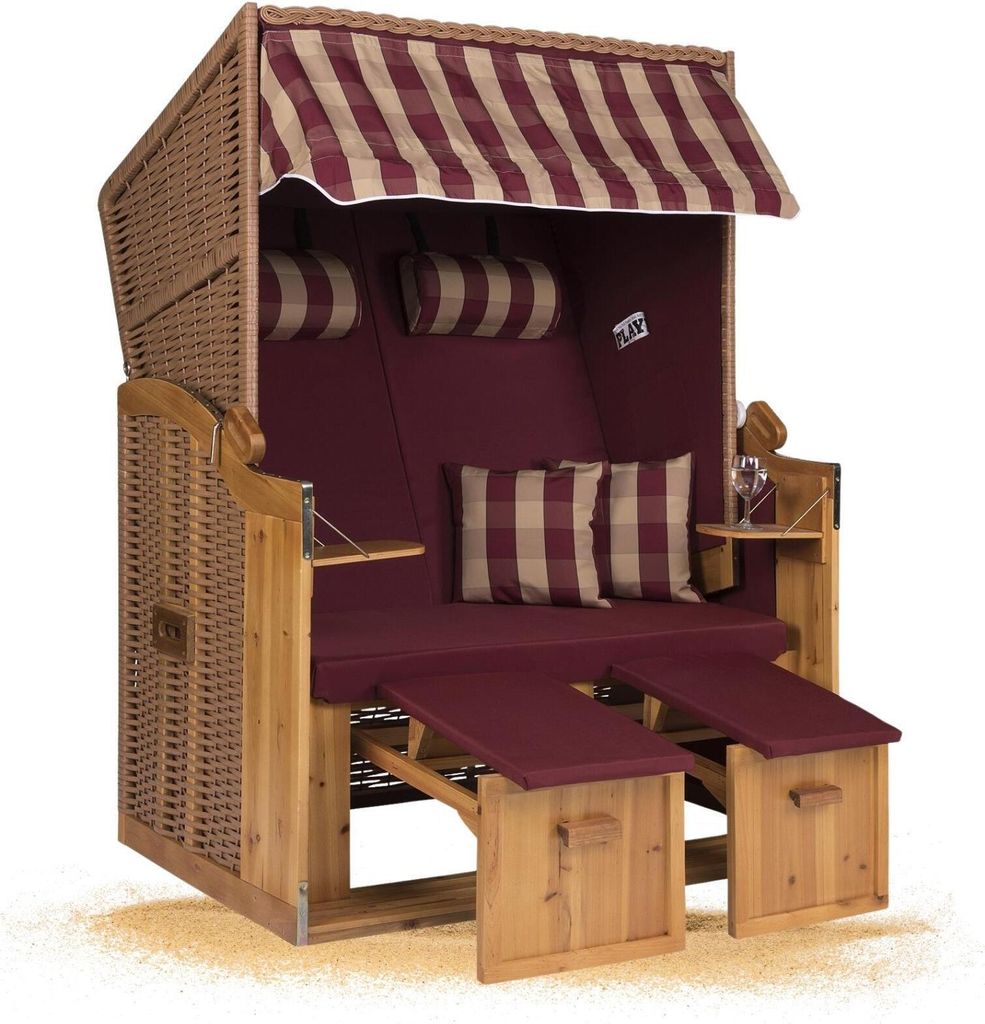 Strandkorb Hanse Ostsee XXL Strandkorb Volllieger 2 Sitzer zerlegt - 120cm breit -Rot Kariert Uni, ideal für Garten, Terrasse oder Balkon