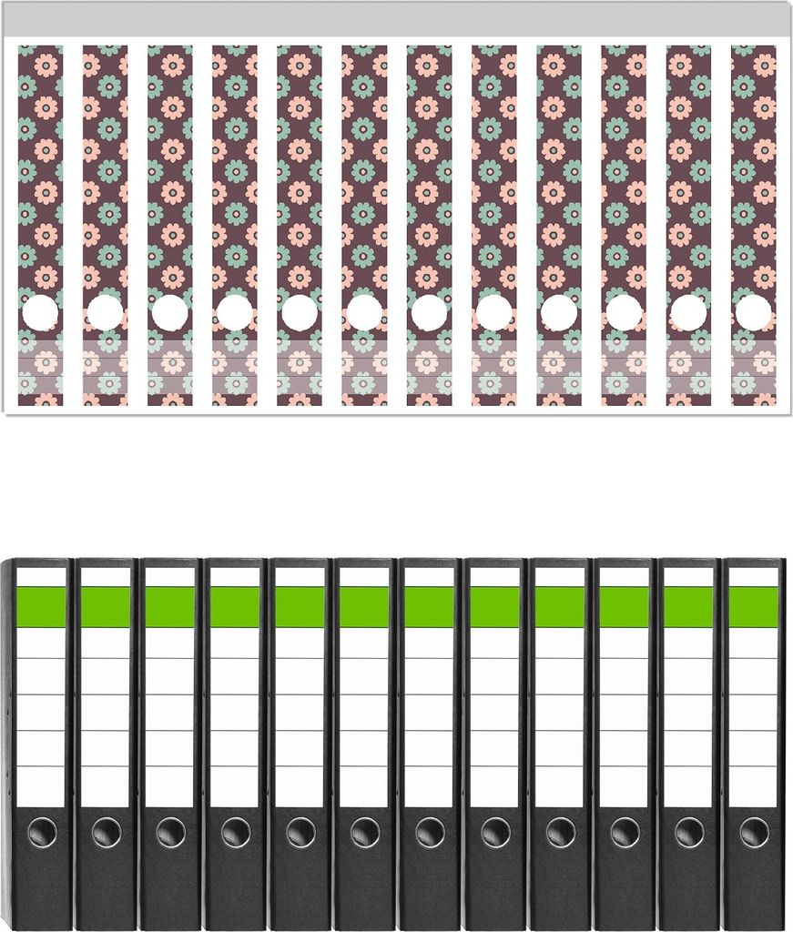 Wallario 12 Stück schmale Ordner inkl. Klebeetiketten mit Motive Muster mit grünen und rosa-farbenen Blüten - Set mit Rückenschildern / Ordner...