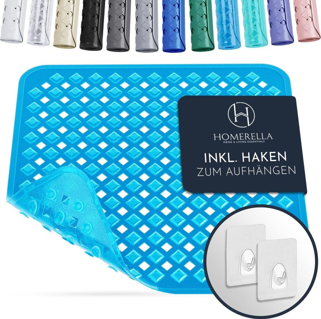 Homerella Duschmatte rutschfest 53x53cm - 100% BPA frei - 2 Haken zum Aufhängen - Antirutschmatte Dusche hautsensitiv, Duscheinlage maschinenwas...