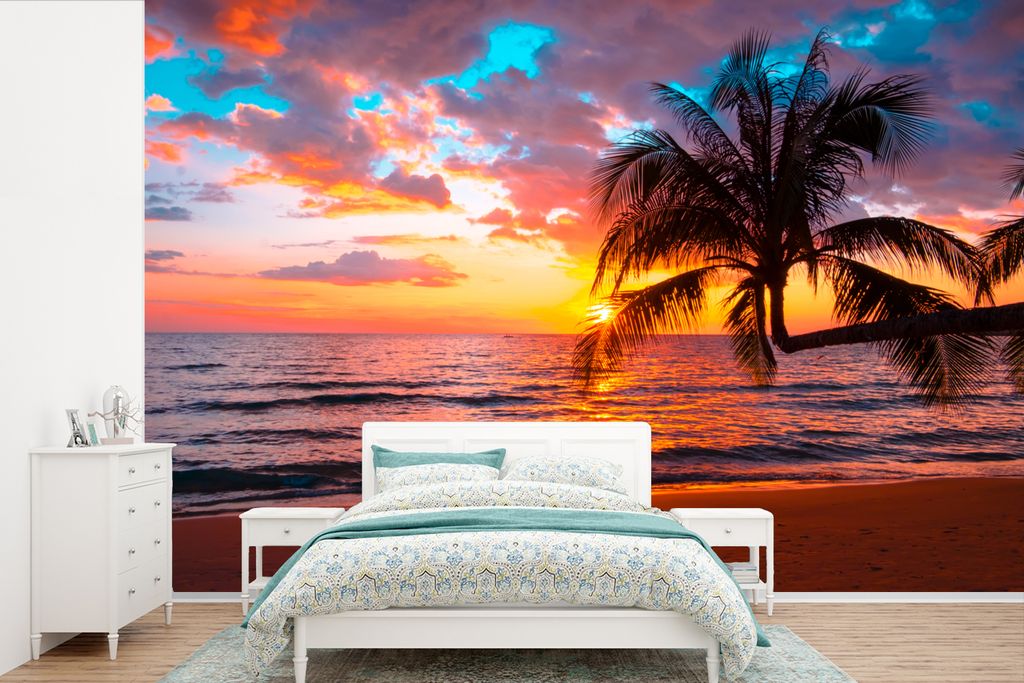 MuchoWow Fototapete für Wohnzimmer oder Schlafzimmer Wandtapete Vinyl Motivtapete Palme - Sonnenuntergang - Strand - Meer - Horizont - 525x350 c...