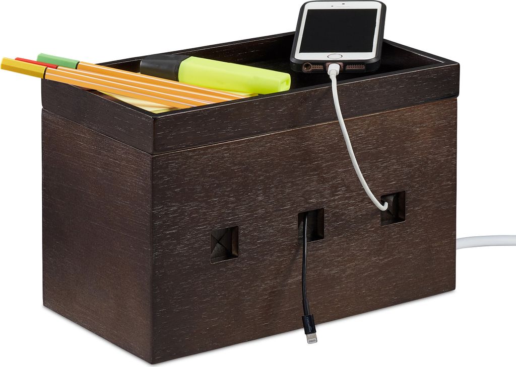 relaxdays Kabelbox Bambus dunkelbraun Produktbild 1