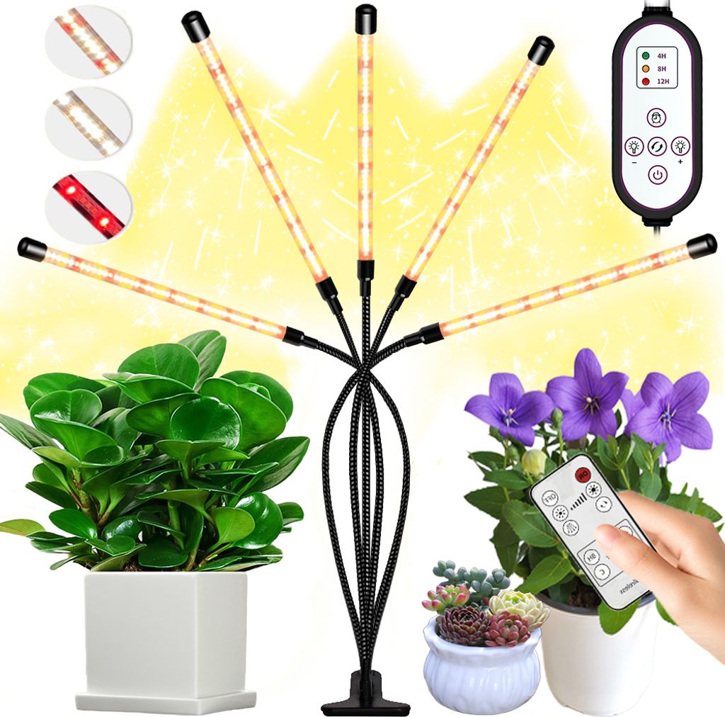 LED Pflanzenlampe Vollspektrum IP65 Dimmbar, Pflanzenlicht Clip 3Modi,Wachstumslampe Fernbedienung Timer Zimmerpflanze(5 Lichtröhre)