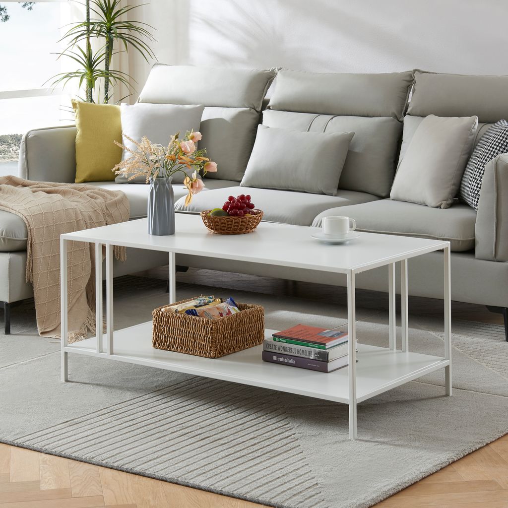 A living room scene with a couch and coffee table.