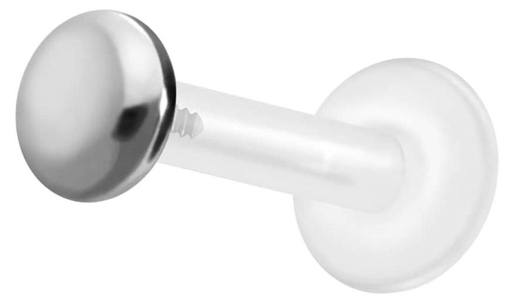 Ohrpiercing, Nasenpiercing PTFE Labret mit Innengewinde + Titan-Aufsatz FLACH Silber Stablänge: 9mm | Stabstärke: 1,2mm | Discgröße: 4mm