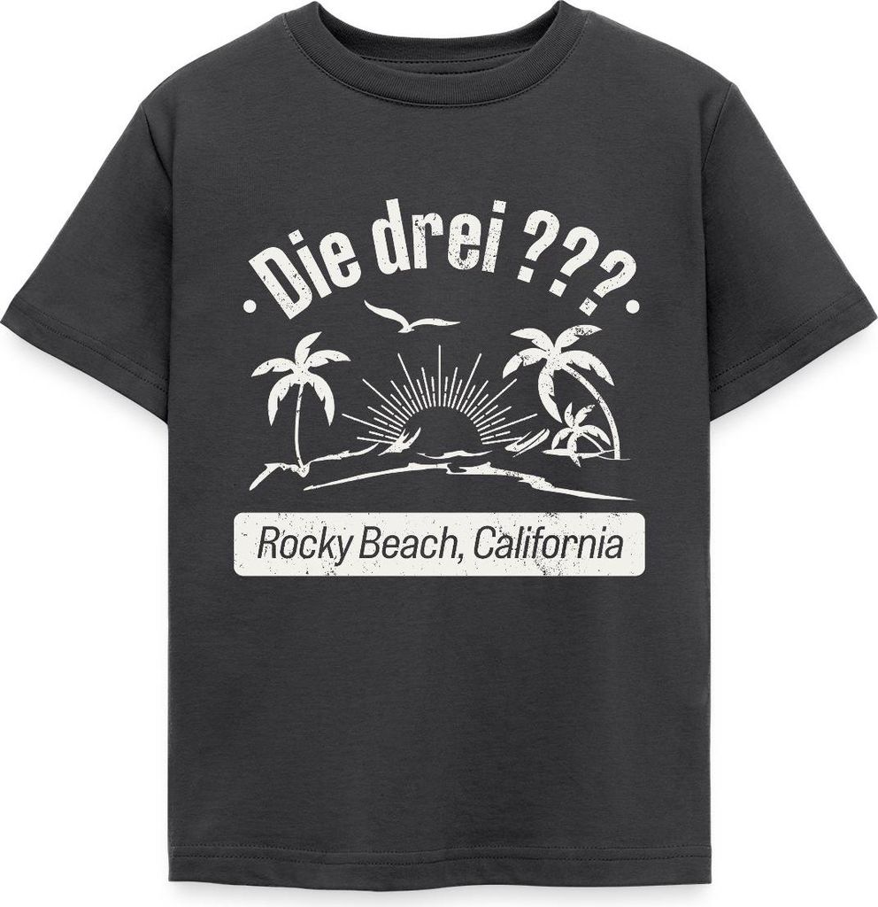 Spreadshirt Die Drei Fragezeichen Rocky Beach Design Mit Palmen Kinder T-Shirt, 98/104 (3-4 Jahre), Dunkelgrau