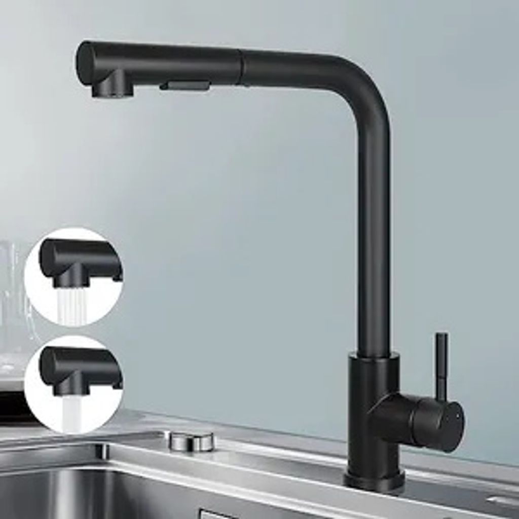 A black kitchen faucet is shown against a light gray background, with two circular insets demonstrating different spray modes.