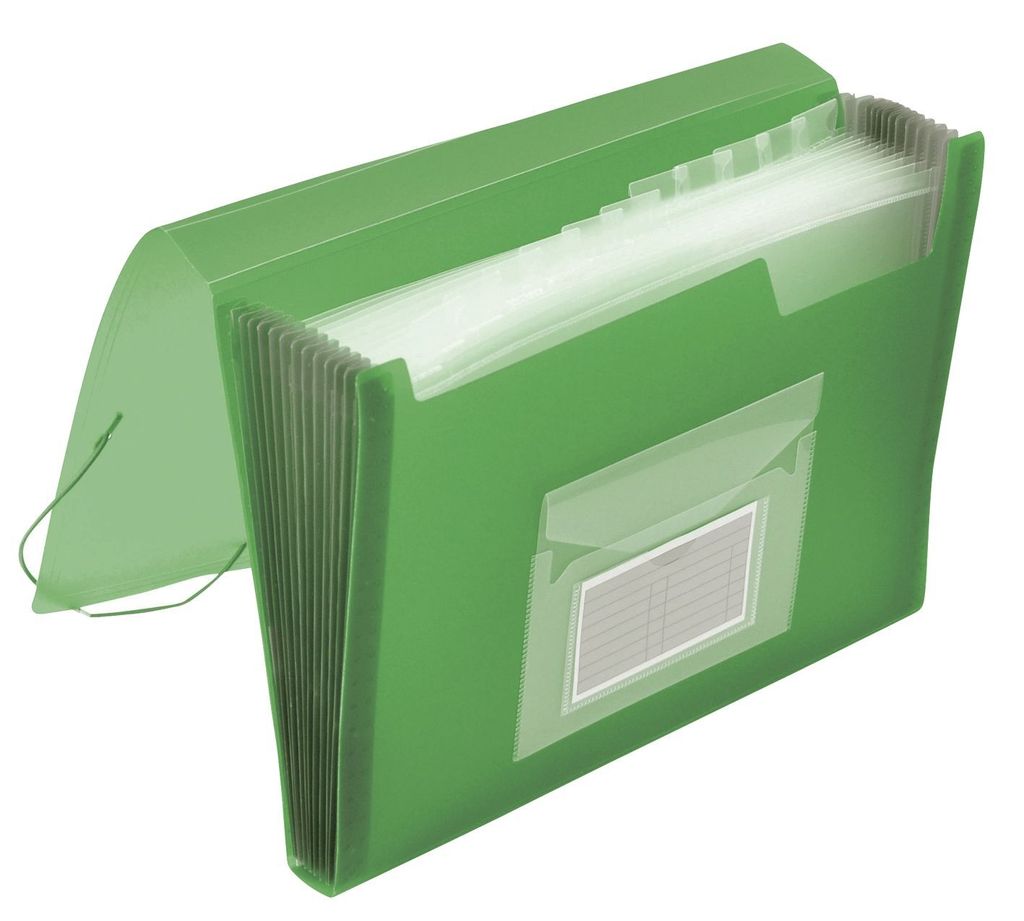 Q-Connect Fächermappe - 13 Taschen, 250 Blatt, PP, transluzent grün