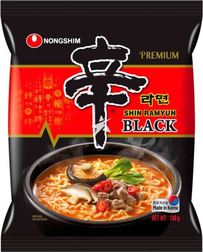 A package of Nong Shim Shin Ramyun Black Premium instant noodles, with a bowl of prepared noodles shown.