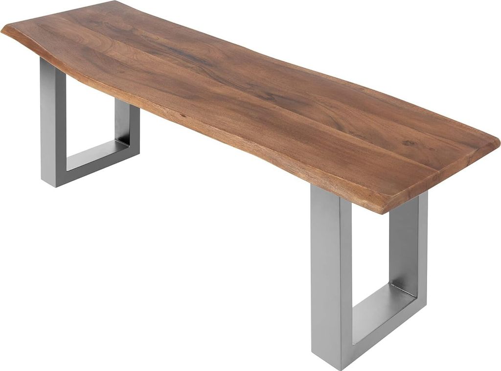 Esszimmerbank 100x42 cm Chicago, Akazienholz nussbaumfarben, Massive Holzbank mit echter Baumkante, Baumkantenbank mit U-Gestell Silber, Sitzbank m...