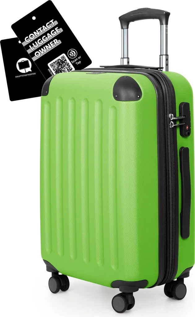 HAUPTSTADTKOFFER Spree - Valigia per il bagaglio a mano + etichetta digitale per il bagaglio, trolley rigido con estensione per un maggiore volume di imballaggio, 4 ruote TSA, 55cm, 42L, verde mela