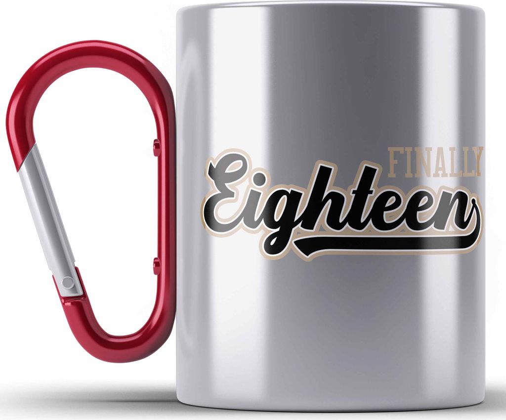 Trendation - 18. Geburtstag Edelstahl Tasse Karabiner Geschenk Mädchen Junge Geschenkidee Lustig Spruch Sprüche 18 Geschenke Geschenkideen zum 18...