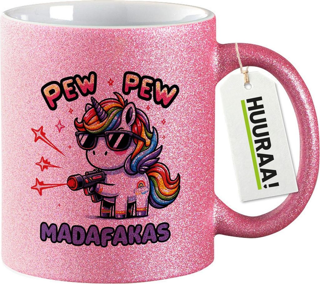 Huuraa Glitzertasse Pew Pew cooles Einhorn 330ml Pink Keramik Kaffeebecher Geschenkidee