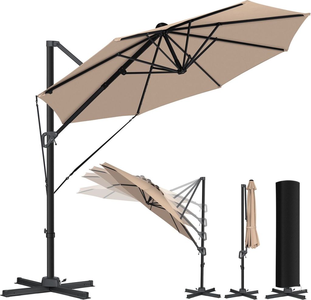 KESSER Sonnenschirm Ampelschirm SUN Rund XL Ø330 cm Inkl. Abdeckung + Windsicherung 7-Fach Verstellbar Drehbar Neigbar Kippbar Groß 360° Drehb...