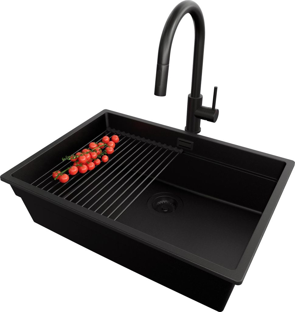 PRIMAGRAN Granitspüle Alles Schwarz 66x47cm, Spülbecken 1 Becken + Ablauf-Set + Küchenzubehörset, Küchenspüle ab 70er Unterschrank - Praga Slim