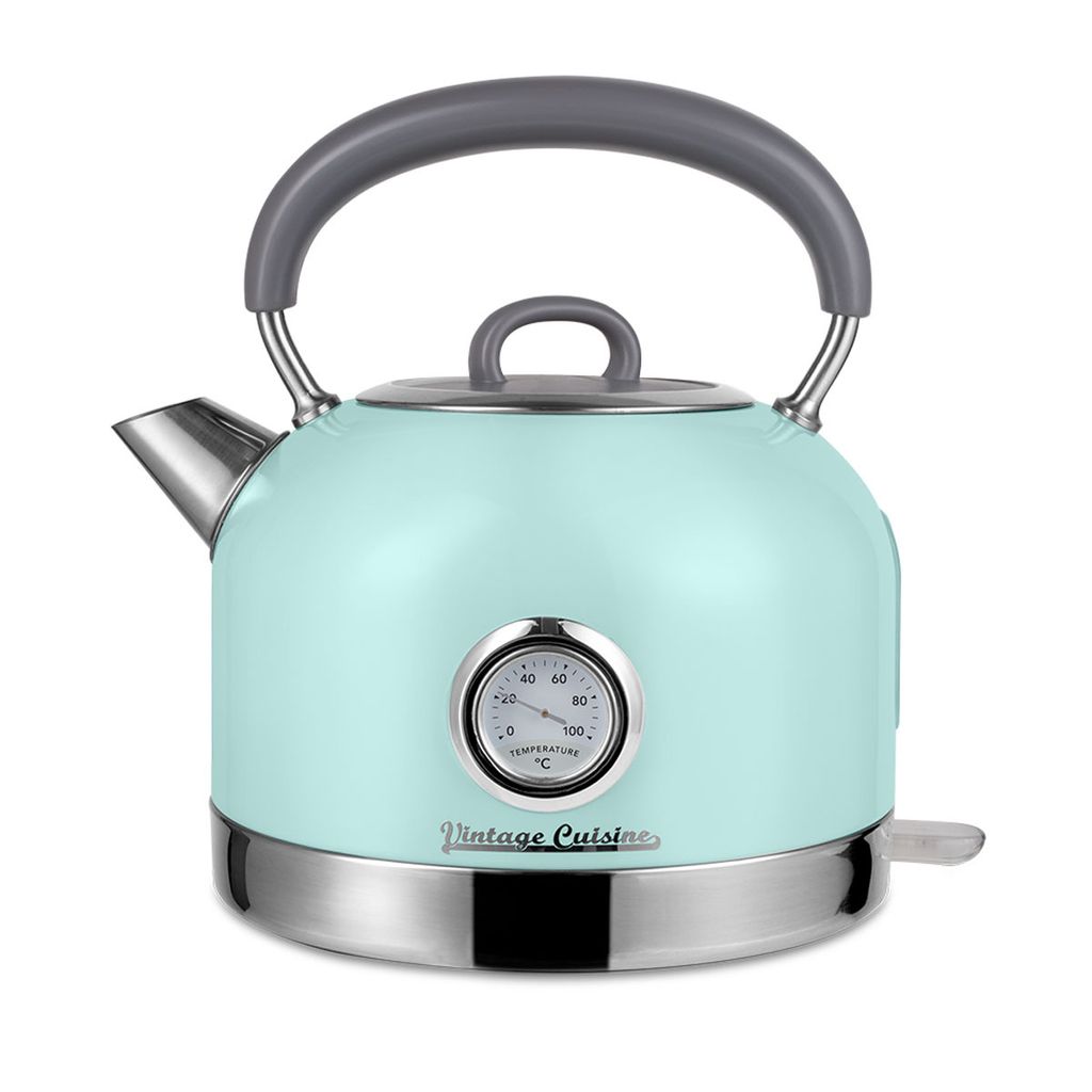 A mint green electric kettle with a thermometer on a white background.