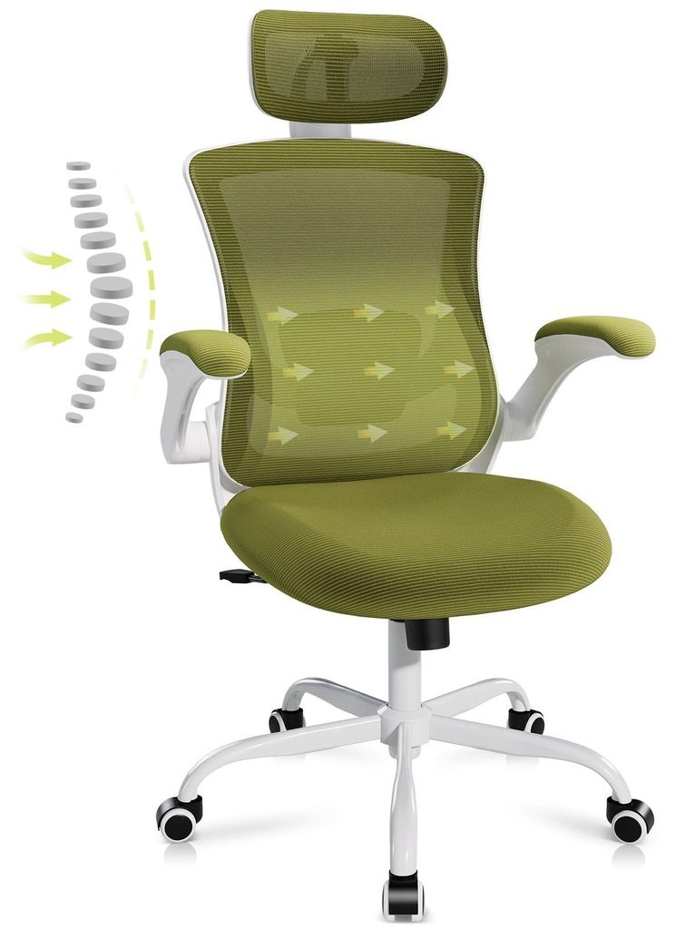 COLAMY Ergonomischer Bürostuhl – Mesh-Schreibtischstuhl mit Kopfstütze, Lendenwirbelstütze, klappbaren Armlehnen und 140° Wippfunktion, grün