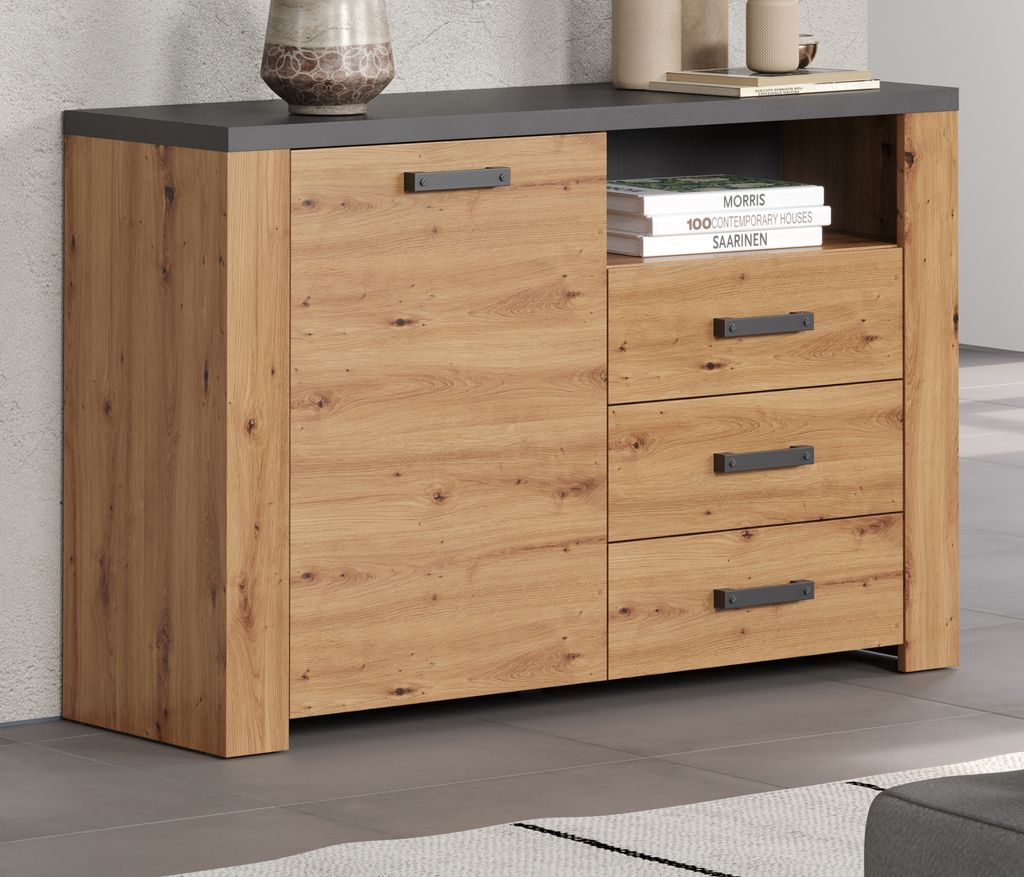 Sideboard "Follow" in Artisan Eiche mit grau Wohn- und Esszimmer Kommode mit LED