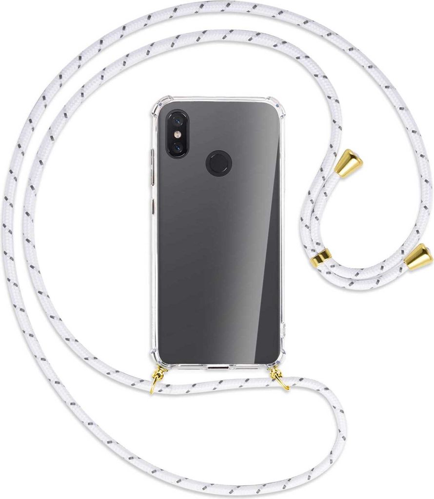 Handykette Backcover-Schutzhülle mit Band (Metall goldfarben) für Xiaomi Mi 8 / Mi 8 Pro - weiß/grau
