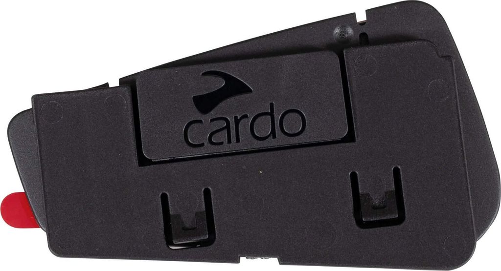 A black plastic mounting bracket with the Cardo logo embossed on it.
