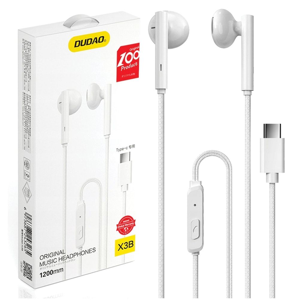 A white box containing white earphones with a USB-C connector.
