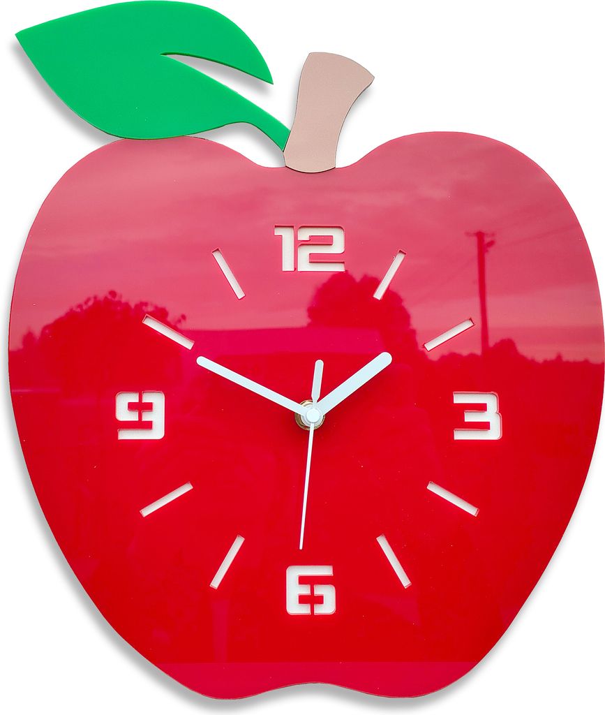 A red apple-shaped clock with a green leaf and a tan stem.