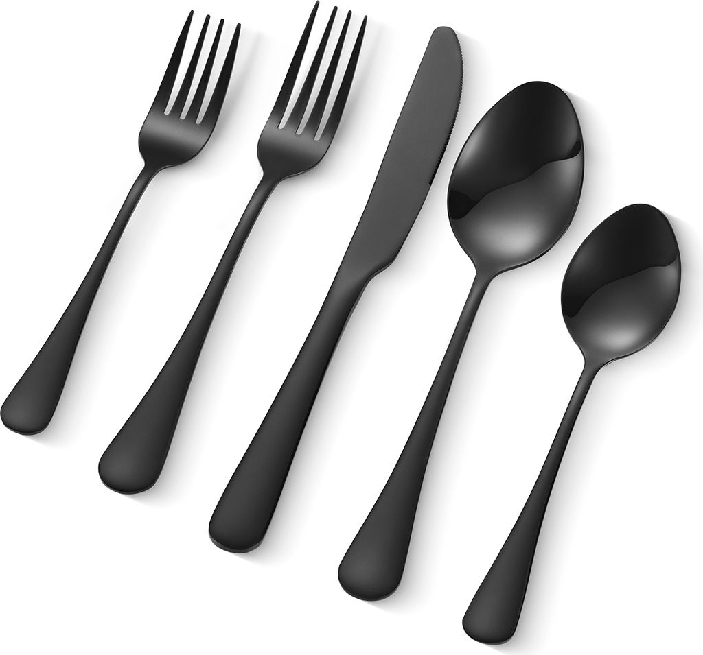 A set of black cutlery arranged diagonally on a white background.
