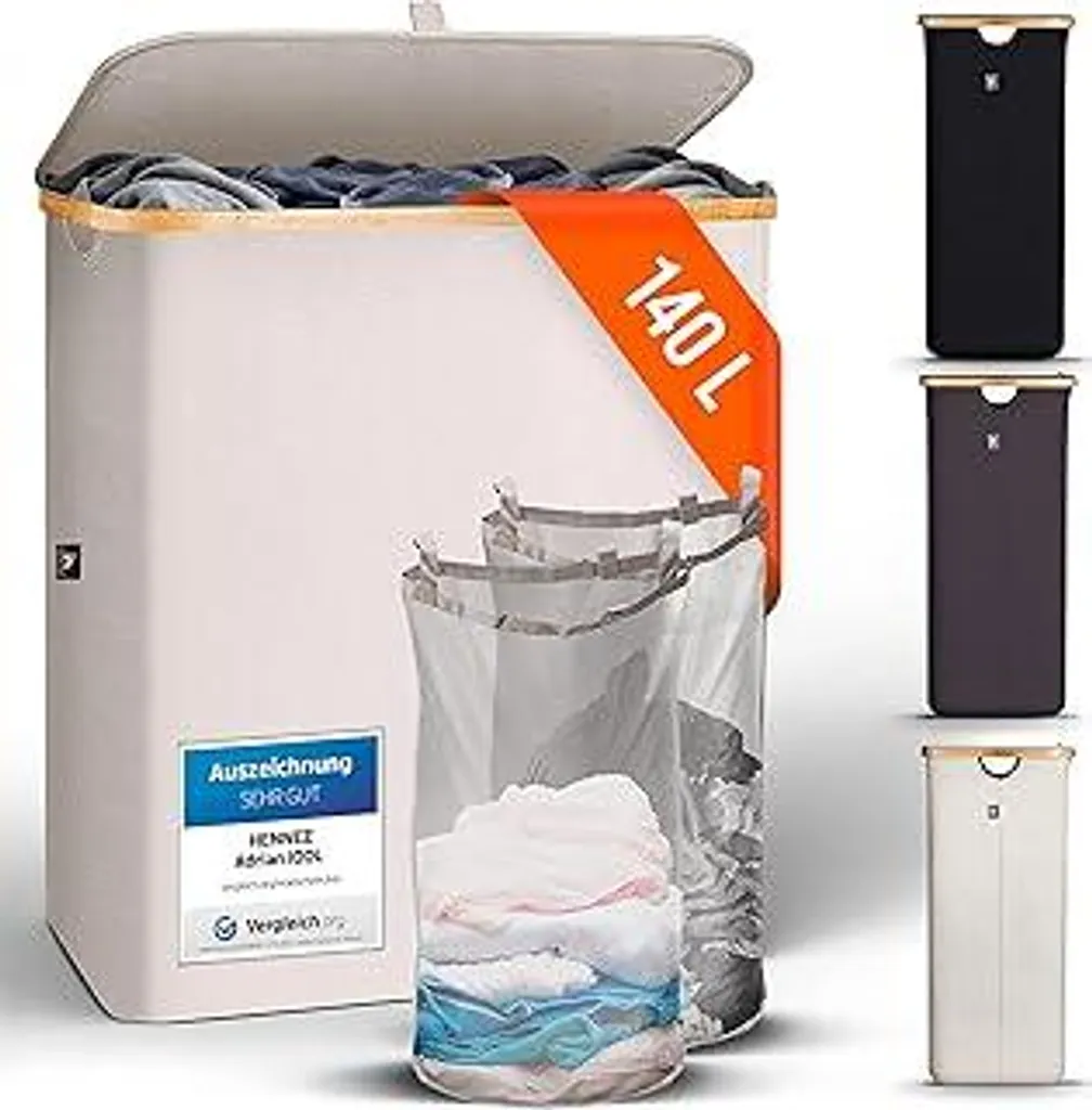 HENNEZ Cesto Portabiancheria Stretto 140L - Beige Grigio 2 Vani
