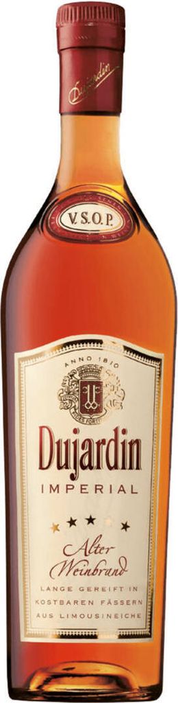 A bottle of Dujardin Imperial VSOP brandy.