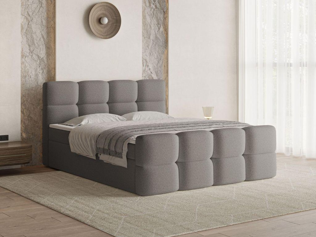 GrainGold Boxspringbett Rivon 120x200 cm - Bett 120x200, Boxspringbett mit Bettkasten und Lattenrost - Grau (Lambi 12)