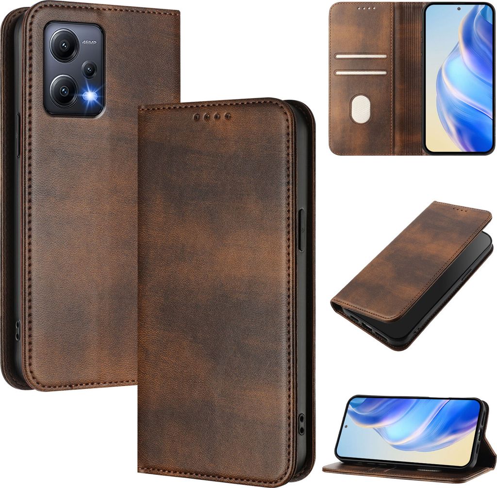 Handyhülle für Xiaomi Poco X5/Redmi Note 12 5G, Vintage Leder RFID Schutz Kartenfach Standfunktion Magnetische Klapphülle Braun