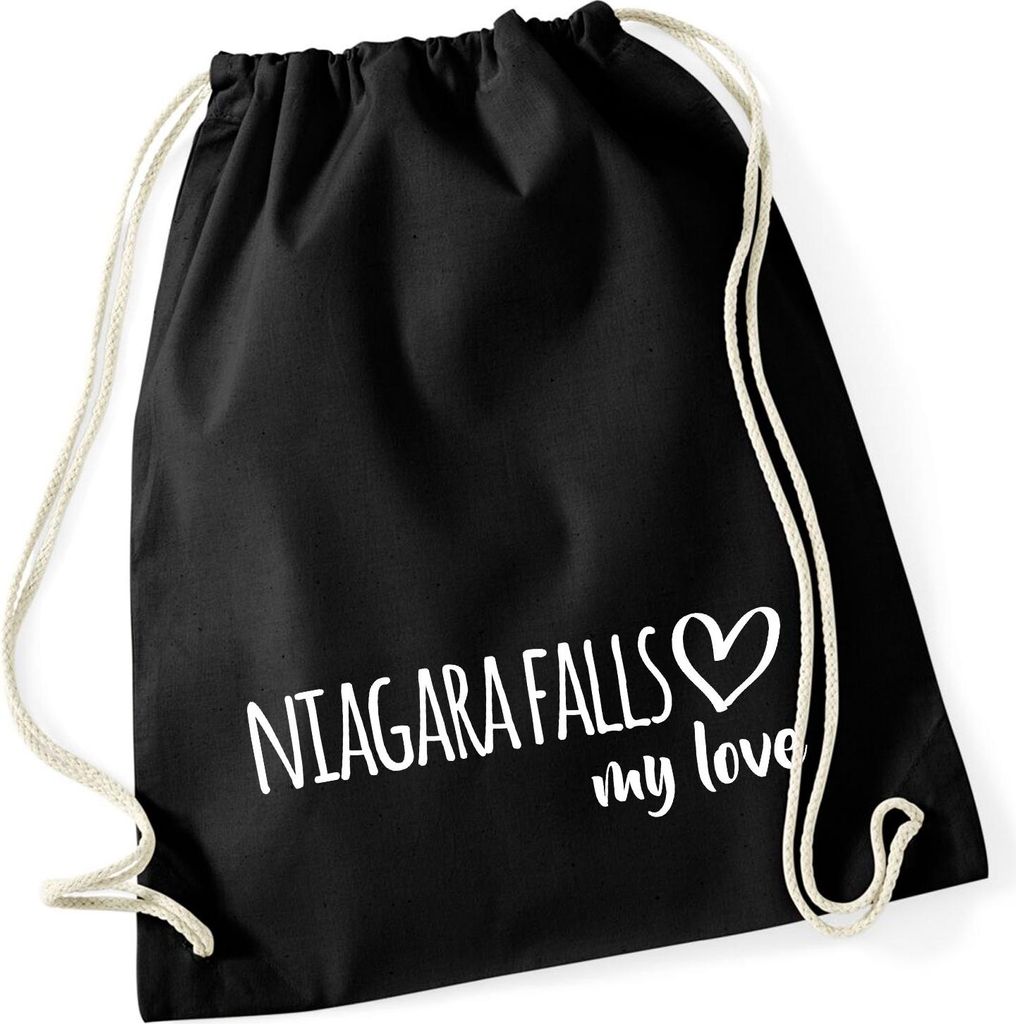 Huuraa Turnbeutel Niagara Falls my love 12 Liter Black Baumwolle Rucksack Geschenkidee