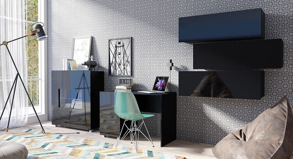 Büro Schreibtisch Arbeitsplatz Set in schwarz Hochglanz mit LED Beleuchtung CAIRNS-132, B/H/T ca. 360/200/50 cm