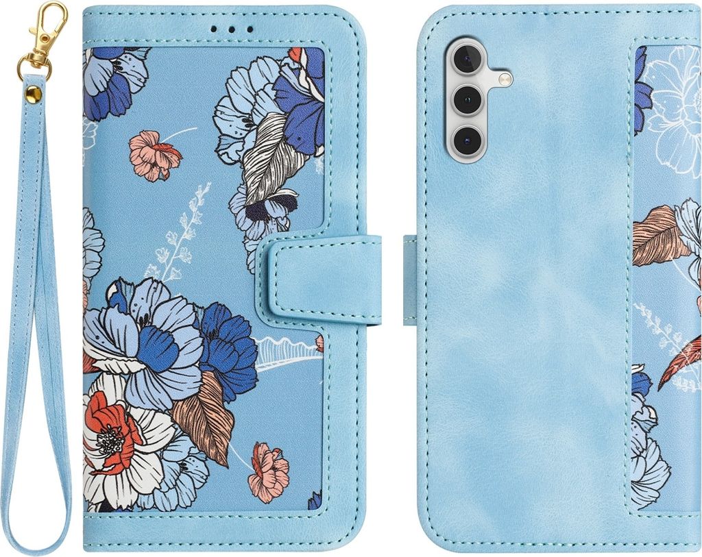 Für Samsung Galaxy S25 5G Kunstleder Wallet Handy Tasche Blumen Design Hülle Etuis Hellblau