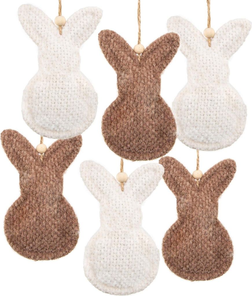 6 Osterhasen Anhänger Stoffhasen Dekoration Hase weiß braun mit Bommel 12 cm