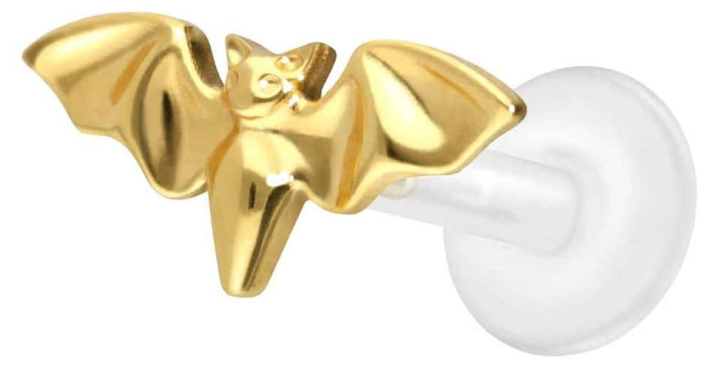 Ohrpiercing, Nasenpiercing PTFE Labret mit Innengewinde + Titan-Aufsatz FLEDERMAUS Gold Stablänge: 8mm | Stabstärke: 1,2mm