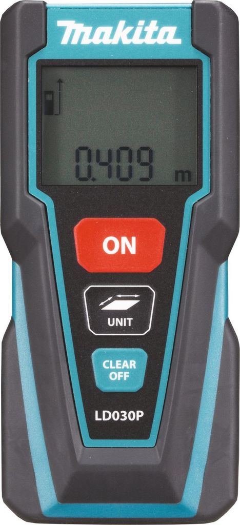 A digital laser distance measurer with a screen and buttons.